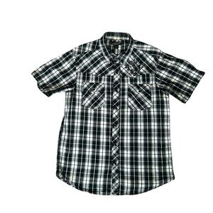 5/$25 Helix men’s Y2K black pearl snap short sleeve plaid shirt size large